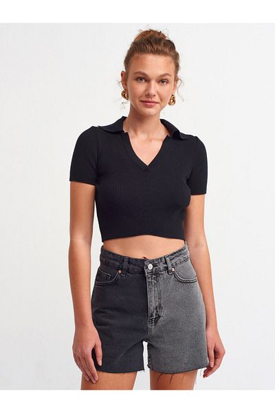 Dilvin Tricou negru cu gât polo pentru femei