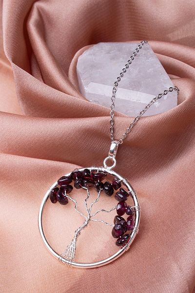 Dünya Doğal Taş Lal Garnet Stone (Garnet) Tree of Life Necklace