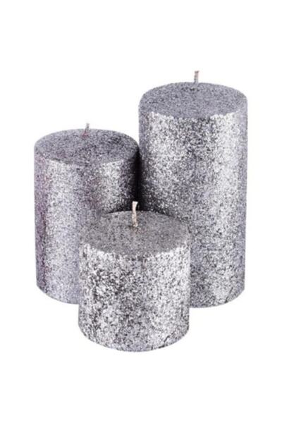 Genel Markalar 3 Boy Silindir Simli Gümüş Altın Mum Seti