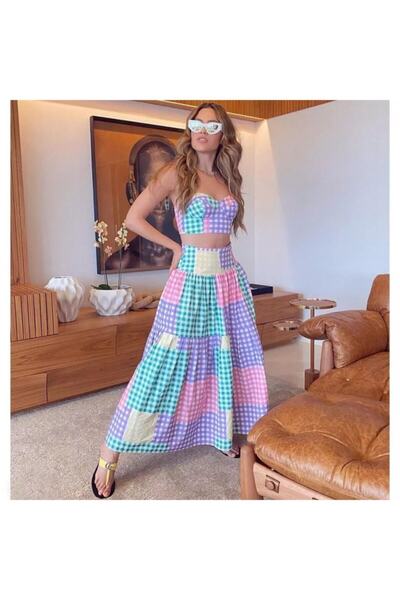 QUEEN AKSESUAR New Luxury Vintage Pastel Colorful Checked Shiny Stretchy Pareo Beach Skirt Women's Bikini