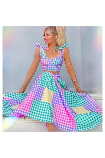 QUEEN AKSESUAR New Luxury Vintage Pastel Colorful Checked Shiny Stretchy Pareo Beach Skirt Women's Bikini