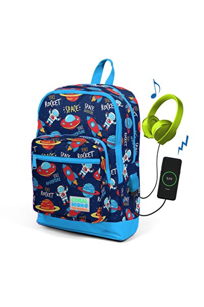 Kids Navy Blue Space Pattern Usb Rechargeable Headset School Backpack with Spout 23280