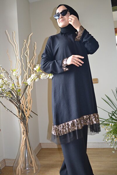 AYSUN AYDEMİR Black Hijab 2-Piece Set with Gold Sequin and Tulle Detail