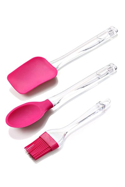 Pazarika 3 قطع ملعقة سيليكون بمقبض بلاستيكي - ملعقة مسطحة - طقم فرش لون فوشيا