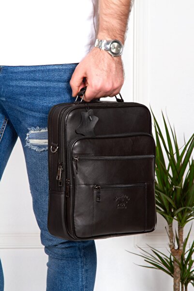 Newish Чоловіча сумка з натуральної шкіри зі сталевим каркасом, великого розміру - чорна