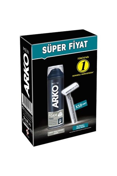 Arko Nem Single Razor 10 Pieces + Force Shaving Foam Pro 200 Ml