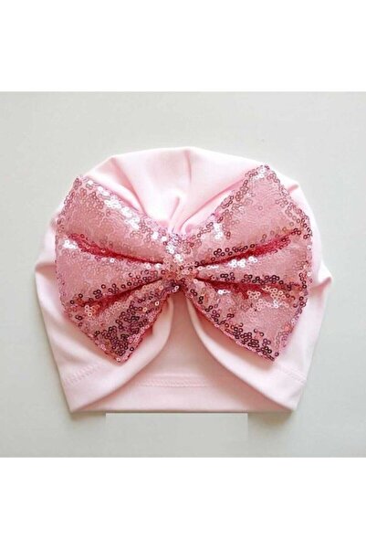 cici bandana Kız Bebek Pembe Payetli Büyük Fiyonk Bone