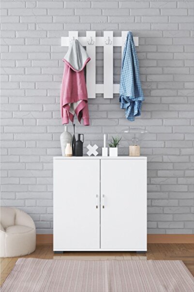 KZY 4 Bölmeli Çit Askılıklı Ayakkabılık & Portmanto- Beyaz