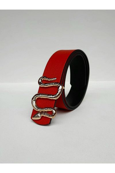 Kemerix Red Snake Buckle Women's Belt - Gold Buckle