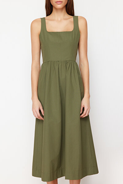 Trendyol Collection Khaki Waist Opening Midi Corset Stitching Detail Midi Woven Dress TWOSS24EL00038