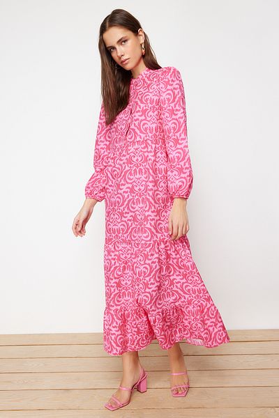 Trendyol Modest Φόρεμα από βαμβακερό ύφασμα με φούξια μοτίβο, φαρδιά και φαρδιά εφαρμογή, TCTSS23EB00222