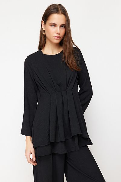 Trendyol Modest Black Drawstring Aerobin Tunic Trousers Woven Bottom Top Set TCTSS24US00009