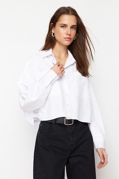 Trendyol Collection Ecru Woven Shirt - Crop Cut, Side Seam Detail, Regular Fit TWOSS24GO00138