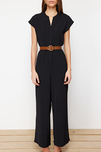 Trendyol Collection Black Belted Double Breasted Collar Sleeveless Maxi Woven Jumpsuit TWOSS24TU00029