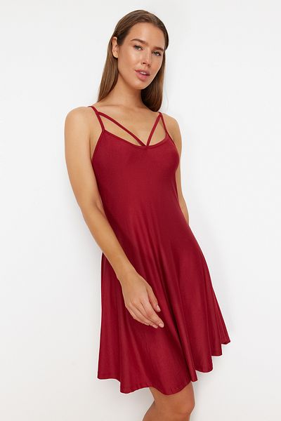 Trendyol Collection Burgundy Chest Piping Detailed Rope Strap Viscose Knitted Nightdress THMSS24GC00027