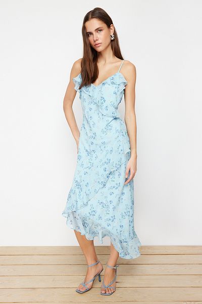 Trendyol Collection Rochie maxi țesătură albastră cu volan, în linie A, din șifon TWOSS24EL00692