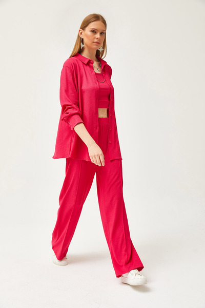 Olalook Women's Fuchsia Shirt Blouse Trousers 3-Piece Set TKM-19000270