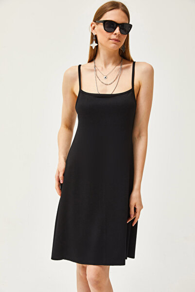 Olalook Dámské černé šaty s tenkým řemínkem s měkkým texturovaným krystalem ELB-19002113