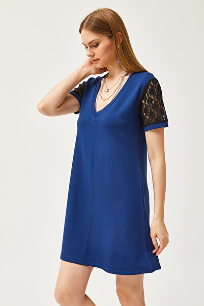 Olalook Жіноче темно-синє мереживне міні-плаття з V-подібним вирізом з м'якою текстурою ELB19002114