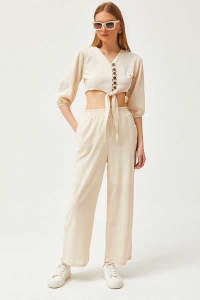 Olalook Women's Stone Top Buttoned Blouse Bottom Pocket Trousers Linen Set TKM-19000277