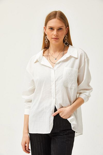 Olalook Weißes, glitzerndes, gestreiftes Boyfreind-Hemd für Damen GML-19001194