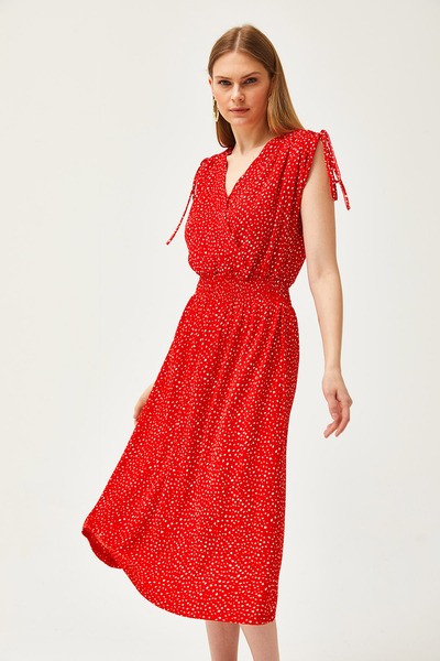 Olalook Women's Red Shoulder Gathered Waist Elastic Dress ELB-19002116