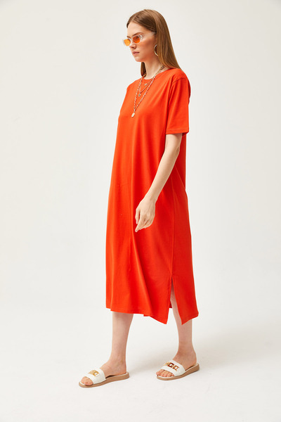 Olalook Kadın Turuncu Yanı Yırtmaçlı Oversize Pamuk Elbise ELB-19001880