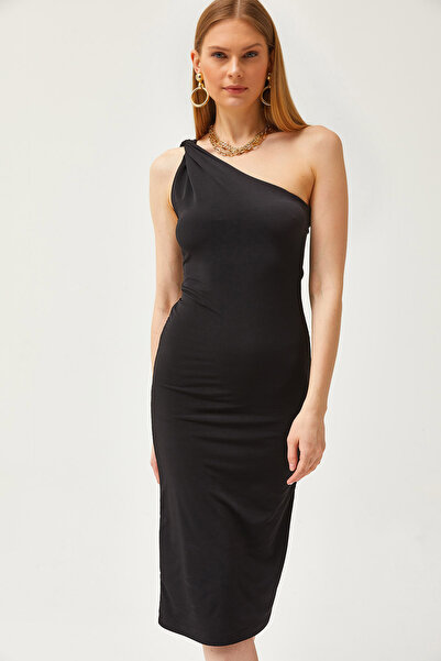 Olalook Rochie mini neagră pentru femei, cu două straturi, cu umăr, fluidă, ELB-19002111