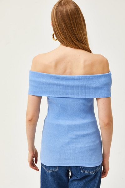 Olalook Γυναικεία Baby Blue Madonna Collar Lycra Μπλούζα BLZ-19002586