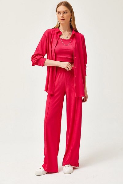 Olalook Damen-Hemdblusen-Hosen-Set in Fuchsia, 3-teilig, TKM-19000270
