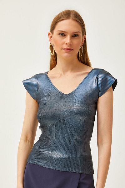 Olalook Γυναικεία μπλούζα Indigo Shoulder με λεπτομέρεια εμπρός πίσω V μεταλλική πλεκτά μπλούζα BLZ-19002466