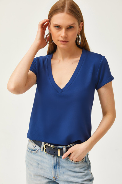 Olalook Női sötétkék, mély V-nyakú, modális gombos póló TSH-19000773