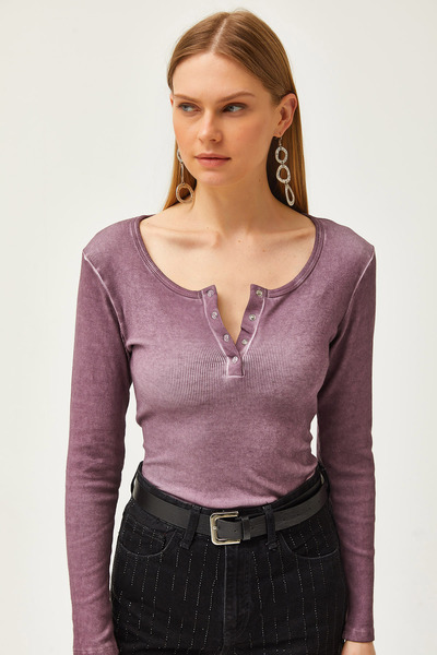 Olalook Kadın Yıkamalı Mor Patlı Kaşkorse Bluz BLZ-19000588