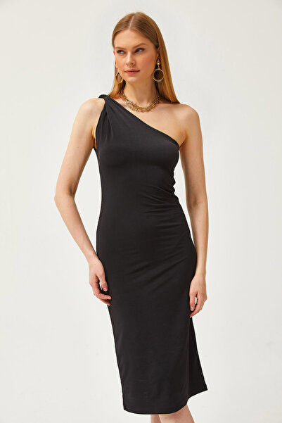 Olalook Rochie mini neagră pentru femei, cu două straturi, cu umăr, fluidă, ELB-19002111