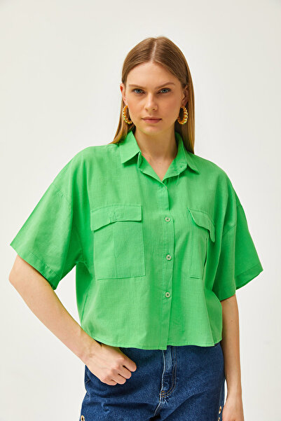 Olalook Kadın Fıstık Yeşili Çift Cepli Oversize Flamlı Crop Gömlek GML-19001193