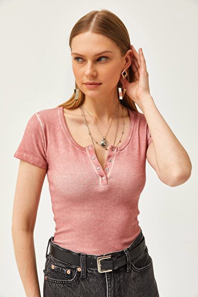 Olalook Damen-Camisole-Bluse in verwaschenem Lachsfarben mit Druckknöpfen BLZ-19000171