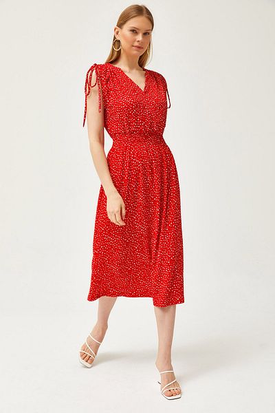 Olalook Women's Red Shoulder Gathered Waist Elastic Dress ELB-19002116