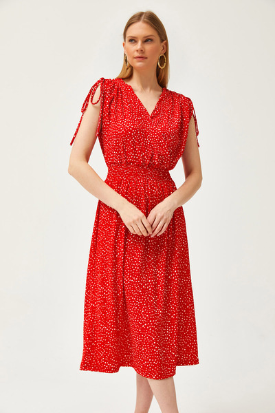 Olalook Women's Red Shoulder Gathered Waist Elastic Dress ELB-19002116