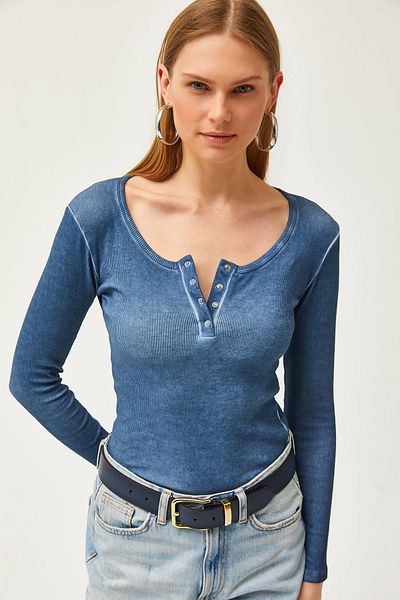 Olalook Camisole-Bluse mit verwaschener Indigo-Knopfleiste für Damen BLZ-19000588