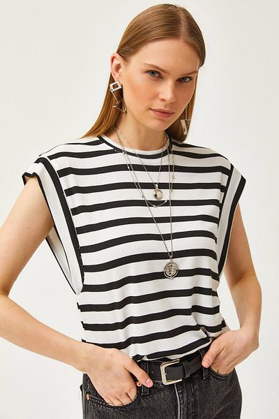 Olalook Weißes Lycra-T-Shirt mit Unterarmteil für Damen, gestreift, TSH-19000802