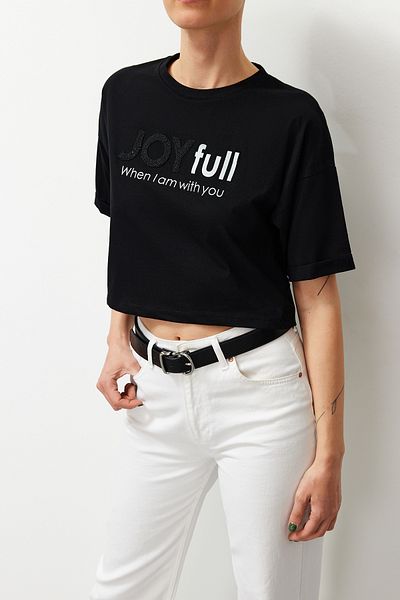 Edit by Trendyol Black Text Printed Crop Knitted T-Shirt TEDSS24TS00016