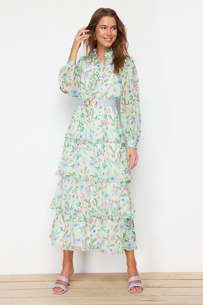 Trendyol Modest Zöld öves bélésű sifon virágos szőtt ruha TCTSS24EB00024