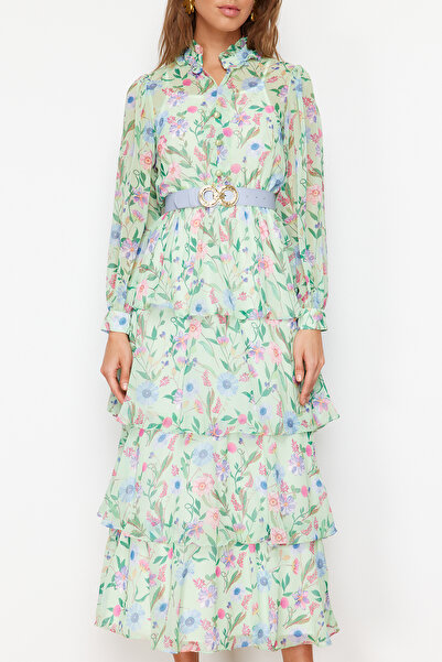 Trendyol Modest Φόρεμα λουλουδάτο υφαντό από σιφόν με πράσινη ζώνη TCTSS24EB00024