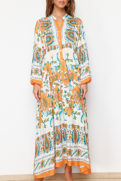Trendyol Modest Oranžové květinové viskózové tkané šaty TCTSS24EB00221