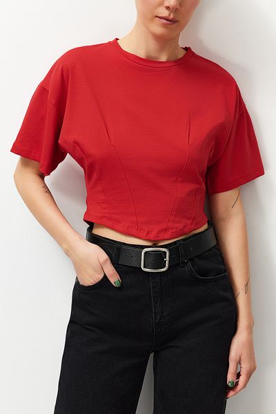Edit by Trendyol Red Crop Regular Knitted T-Shirt TEDSS24TS00008