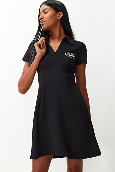 Trendyol Collection Black Skater/Belt Opening Embroidery Cotton Flexible Knitted Mini Dress TWOSS24EL00819