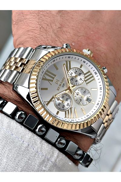 Reward Men's Wristwatch and Bracelet with Gift - Gold Silver Colored Steel Cord