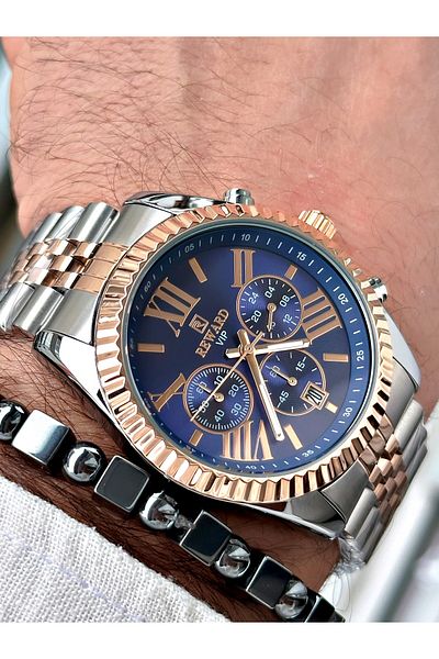 Reward Men's Wristwatch and Bracelet Gift - Rose Silver Color, Steel Cord