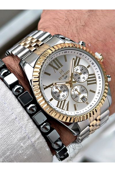 Reward Men's Wristwatch and Bracelet with Gift - Gold Silver Colored Steel Cord