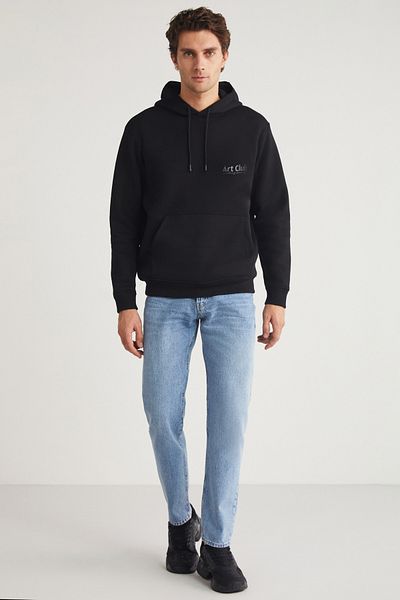 GRIMELANGE ANDREAS Men's Hooded Black Sweatshirt with Fleece Inside and Print Detail